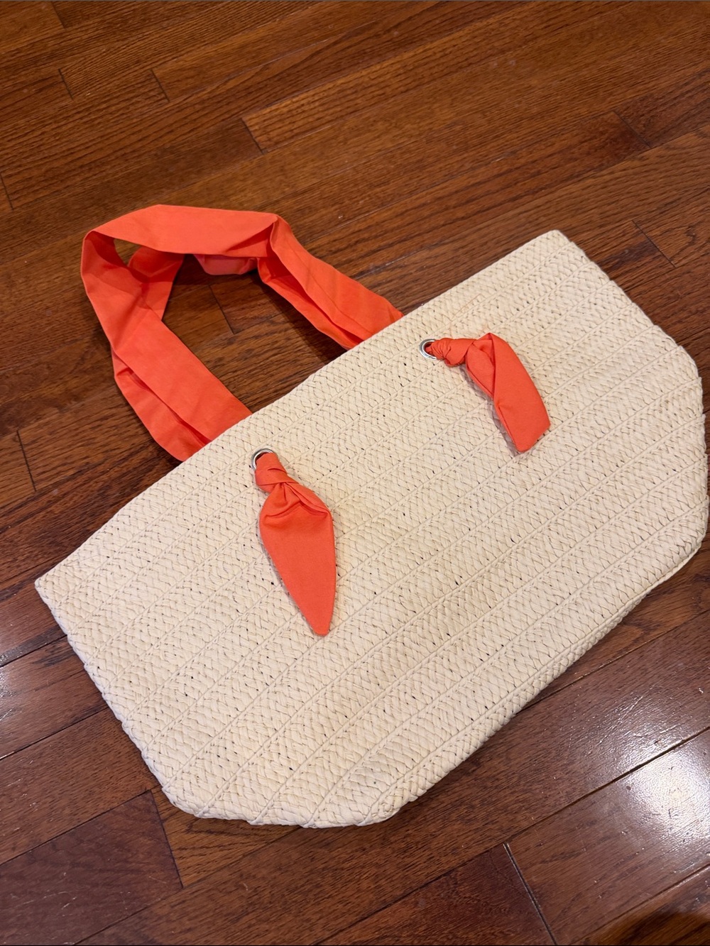 Woven Straw Tote Bag with Orange Handles
